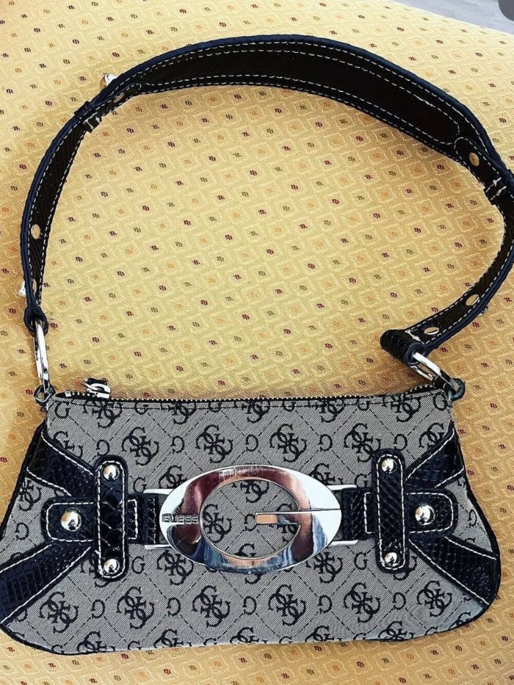 Vintage GUESS Monogram Shoulder Bag Ft. Silver "G" Logo Buckle Clasp Centered